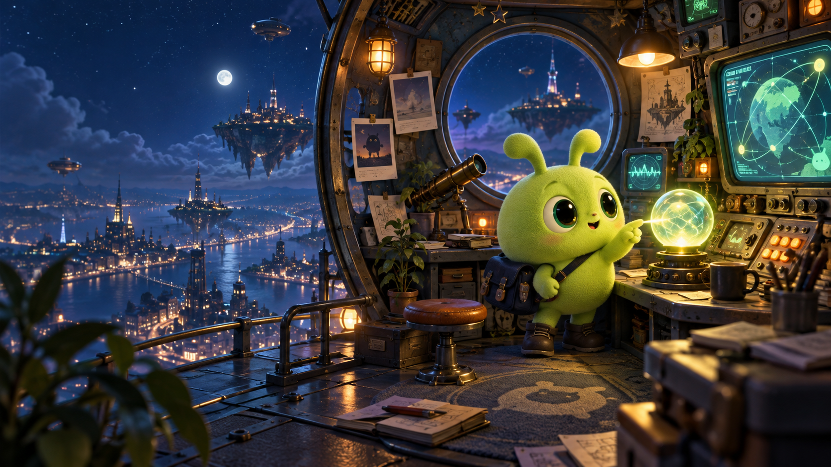 Mibbo discovering a glowing signal inside a floating station